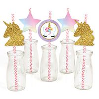 Rainbow Unicorn - Paper Straw Decor - Magical Unicorn Baby Shower or Birthday Party Striped Decorative Straws - Set of 24