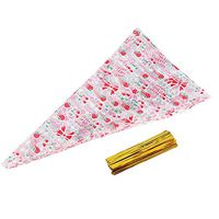 Clear Cone-Shaped Treat Popcorn Bags Cellophane Candy Bags with Gold Twist Tie Cello Bags Triangle for Favor Candy Popcorn Twist Fastens (2 Size) Cellophane Triangle Bags (Cherry)