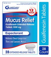 Guardian Mucus ER 12 Hour Extended Release Guaifenesin, 1200mg 28ct Maximum Strength, Chest Congestion Expectorant Tablets