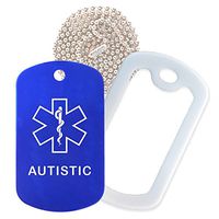 Autistic Medical Alert ID Necklace with Blue Tag, White Silencer, and 30'' USA Chain - 154 Color Choices