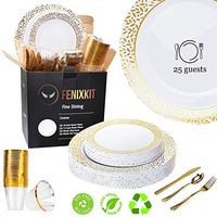 150 Pc Gold Dinnerware for Weddings, Parties, Holidays and Events for 25 Guests | 75 Pcs Disposable Fancy Plastic Silverware, 25 Pcs Each of Dessert and Dinner Plastic Plates and Cups with Gold Rims