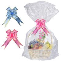 SelfTek 20 Pack Clear Basket Bags Cellophane Wrap Bags,with 20 Pack Bows Ribbon (Random Two Colors) for Gifts and Baskets,Wrapping,Arts & Crafts,Treat,32 by 22 Inches for Christmas Present Gift