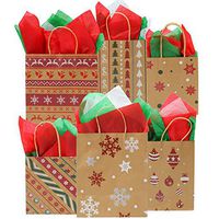 Elcoho 24 Pieces 3 Size Christmas Kraft Bags Paper Bags Holiday Party Bag with 30 Sheets Christmas Tissue Paper for Christmas Decorations，6 Designs