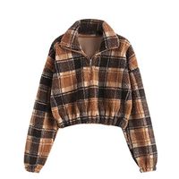 HNTDG Women Plaid Crop Faux Casual Long Sleeve Sweatshirt Coat Top Blouse Brown