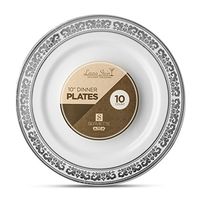 [10 Count - 10 Inch Plates] Laura Stein Designer Tableware Premium Heavyweight Plastic White Dinner Plates With Silver Border, Party & Wedding Plate, Serviette Series, Disposable Dishes
