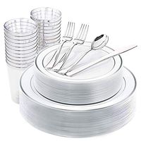 DaYammi 175pcs Silver Disposable Plastic Plates&Cutlery 25 of each: Dinner Plates/Salad Plates/Knives/Spoons/Cups+ 50 Plastic Forks. Thanksgiving, Wedding, Party Decoration Favors