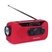 Tiemahun Solar/Hand Cranked Emergency Dynamo Powered AM/FM/NOAA Radio LED Flashlight Lantern 2000mAh Power Bank with Earphone Jack & Battery Power Indicator (Red)