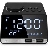 Hetyre 4.2 Inch Alarm Clock Radio, Bluetooth Speaker with Dual Snooze Clock USB Charging Port, AUX TF Card Play, Thermometer, Large Mirror LED Dimmable Display for Bedroom, Kitchen, Hotel, Table, Desk