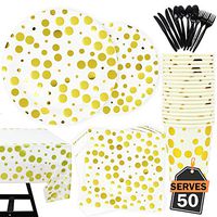 352 Piece White with Gold Dots Party Supplies Set Including Plates, Cups, Napkins, Forks, Knives, Spoons and Tablecloths, Serves 50