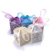 ISKYBOB 50 Pack Colorful Love Heart Laser Cut Candy Gift Boxes with Ribbon,Baby Shower Wedding Party Favors