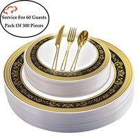 Tiger Chef Plastic Dinnerware 300 Piece Set Service For 60 Guests Includes 60 10.75-inch Dinner Plates 60 7-inch Salad Plates 6 Cutlery Sets Forks, Spoons, And Knives Disposable BPA Free