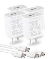 HomeSpot Value Pack 3.3ft (1m) Micro-USB Cord with USB Wall Charger Plug 5V1A USB for Samsung, LG, HTC, Google, Kindle, Sony, Nokia - 4 Pack White
