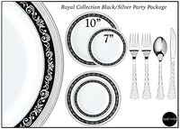 Royalty Settings Royal Collection Disposable Plastic Plates for Parties for 80 Persons, Includes 80 Dinner Plates, 80 Salad Plates, 160 Forks, 80 Spoons, 80 Knives, Black and Silver Rim