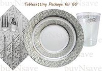 Elegant Wedding Party Disposable Plastic Plates Hammered Clear with Silver,for 60 Guests,Dinner Plates10.25",Salad Plates7",Napkins,Tumblers,Forks,Spoons,Knives,with 1 Vanilla Scent Diamond Candle