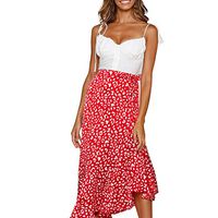 JQjian Women Elastic Waist Leopard Pink Dot Printing Skirt Vintage A-line Loose Long Maxi Swing Skirt (L, Red)