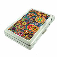 Retro Circles Em3 Hip Silver Cigarette Case With Built In Lighter 4.75" X 2.75" Id Holder Metal Wallet RFID Protection