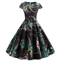 Makaor Women's Summer Dress Short Sleeve V Neck Dress Swing A Line 1950s Vintage Dress Retro Dress,Pineapple/Cherry/Flower Print (L, A)