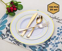 150 Pcs Gold Plastic Disposable Dinner Plates, Dinnerware Set Include 25 Dinner Plates (10.25") 25 Dessert Plates (7.5"), 50 Forks, 25 Knives and 25 Spoons