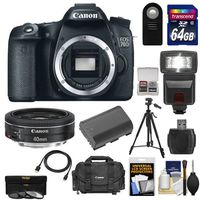 Canon EOS 70D Digital SLR Camera Body with 40mm f/2.8 STM Lens + 64GB Card + Battery + Case + 3 Filters + Flash + Remote + Tripod + Kit