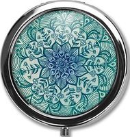 Light Green Pattern Custom Round Black Pill Case Pocket 2.1 inches Medicine Tablet Holder Organizer Case for Purse/Three-Compartment Pill Box/Black Pill Case