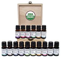 PURA D'OR 16pc Essential Oils Wood Box Set 10mL USDA Organic 100% Pure Therapeutic Grade: Lavender, Rosemary, Eucalyptus, Lemon, Patchouli, Basil, Peppermint, Tea Tree, Bergamot, Ylang Ylang + More