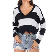 Gocheaper Fashion Women Casual V-Neck Stripe Long Sleeve Knitted Cut Out Bandage Tops(Black,XL=US: 12)