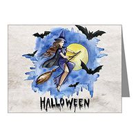 Note Cards (10 Pack) Halloween Witch Riding Broom Bats