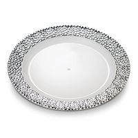 [32 Count - 9 Inch Plates] Laura Stein Designer Tableware Premium Heavyweight Plastic White Lunch Plates With Silver Border, Party & Wedding Plate, Glitz Series, Disposable Dishes