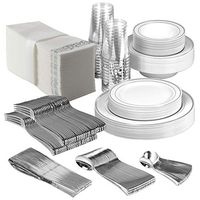 25 Guest Disposable Silver Dinnerware Set | Heavy Duty Plastic Plates, Cups, Silverware & Napkins. 50 Forks, 25 Spoons, 25 Dessert Spoons, 25 Knives, 25 Dinner Plates, 25 Dessert Plates, 25 Soup Bowls