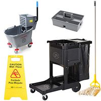 (5 PCS) Black Cleaning/Janitor Cart Kit with Gray Mop Bucket, Wet Floor Sign, Mop, and Caddy -Complete Set by LPS Lowpricesupply