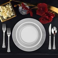 Set of 40 Disposable Dinner Plates Bundle Combo | Premium Quality Firm White Plastic | Elegant Silver Designed Rims | Bulk Qty 20x 10.25'' Dinner Plates + 20x 7.25'' Salad Plates