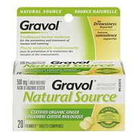 Certified Organic Ginger GRAVOL NATURAL SOURCE (20 Tablets) Antinauseant for NAUSEA, VOMITING & MOTION SICKNESS 500 mg by Gravol