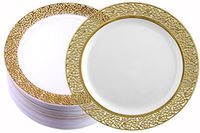Decor Elegant Disposable Premium Heavy Weight 7.25" Dinner Plates, Inspiration Gold & White, 40 Count