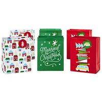 Hallmark 9" Medium Christmas Gift Bag Bundle (Pack of 6; Little Houses and Trees, Merriest Christmas, Vintage Van with Christmas Trees) - 5XGB4890