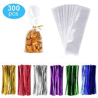 300 Pack Clear Candy Bags Clear Cellophane Bags 2"x10" Cookie Bags With 3.1" Twist Ties 6 Mix Colors - 1.4mils Thickness OPP Plastic Bags for Wedding Birthday Cake Pops Gift Supplies(2"x10")