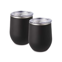 Maars Bev Stainless Steel Stemless Wine Glass Tumbler with Lid, Vacuum Insulated 12 oz Matte Black Smooth Cup | Spill Proof, Travel Friendly, Classic Cocktail Drinkware - 2 Pack Set