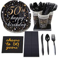 Aneco 128 Pieces 50 Birthday Party Supplies Kit for 16 Guests, Paper Plates, Cups, Straws and Napkins, Plastic Knives, Spoons, Forks for 50th Anniversary Decorations