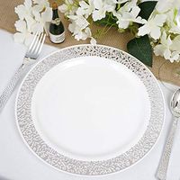 Efavormart 50 Pcs - White with Silver Trimmed 10.25" Round Disposable Plastic Plate for Wedding Party Event Picturesque Collection