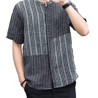 Men's Fashion Plaid Button Short Sleeve Summer No Collar T-Shirt Beach Casual Loose Blouse Top (Gray, XXL)