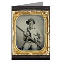 12 Vintage Notecards of Southern Civil War soldier in pullover hunting-style shirt with dark military-type trim with double barrel shotgun, revolver, and side knife from the Civil War.