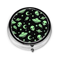 GHYGTY New Silver Round Pill Box，Green Alien Moon UFO Portable Decorative Metal Medicine Vitamin Organizer Storage Travel Pill Case Holder Organizer .Unique Gift-Compact 3 Compartment