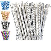 Grey Paper Straws by PGK - 200 Box | Silver Paper Straws in Chevron, Striped, Stars and Polka Dots | Holiday, New Years Eve and Wedding Straws | Fun, Colorful Drinking Straws (Grey Silver)