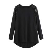 RUIVE Women's Patchwork Sequin Blouse Crew Neck Pullover Long Sleeve Casual Loose Hem Ladies Large Size Tops Black