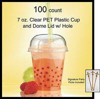 100 count Plastic PET Clear 7 oz. Cold Cup and Dome Lid with Hole w/ Signature Party Picks