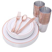 IOOOOO 150 Piece Rose Gold Plates & Plastic Silverware & Rose Gold Cups, Premium Disposable Dinnerware Set Includes: 25 Dinner Plates, 25 Dessert PLates, 25 Tumblers, 25 Forks, 25 Knives, 25 Spoons