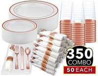 350 Piece Rose Gold Dinnerware Party Set - 50 Guest - 100 Rose Gold Rim Plastic Plates - 50 Pre-Rolled Linen-Feel Napkins with Spoons, Forks, Knives - 50 Rose Gold 10 OZ Plastic Cups