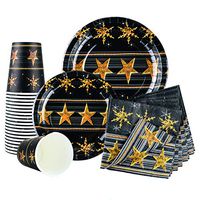 Christmas Plates Disposable Dinnerware Party Set Black and Gold Frost Snowflake Design for 20 Guests Includes Paper Plates, Cups and Napkins