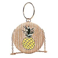 Fashionhe Women Beach Round Handbag Pineapple Woven Bag Burlap Bag Messenger Bag Clutch Bags (Khaki)