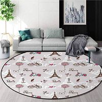 Paris Round Area Rugs Super Soft Living Room,Pattern with Vespa Bikes Mannequin Eiffel Tower Hearts Doodle Style Design Bedroom Home Shaggy Carpet Diameter-35 Inch,Brown Baby Blue Pink