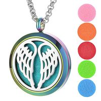 Garden Charms Aromatherapy Essential Oil Diffuser Necklace - Stainless Steel Angel Wing Round Locket Pendant with 5pcs Felt Pads (Wing)
